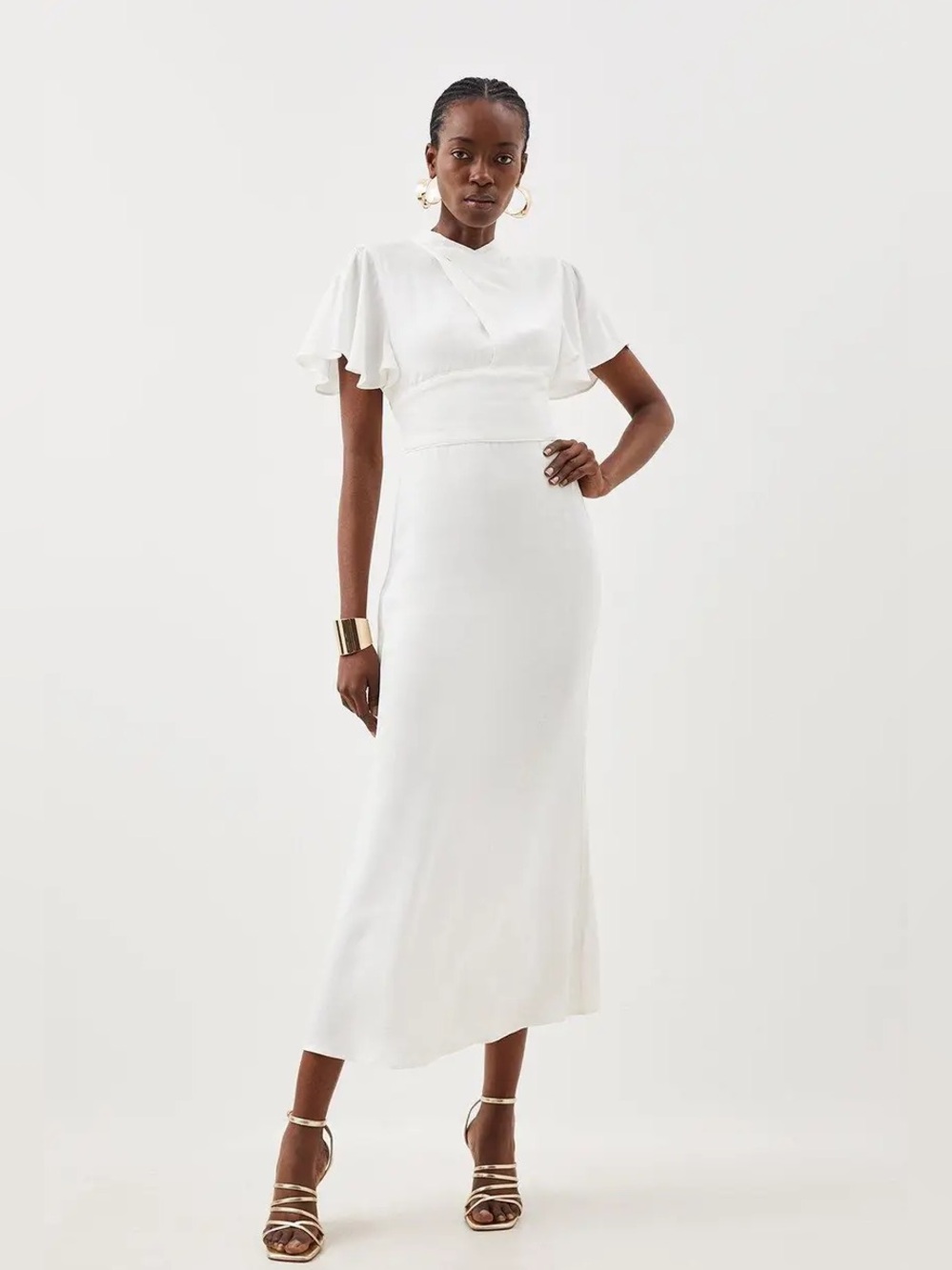 Karen Millen Viscose Satin Angel Sleeve Woven Midi Dress in Ivory NWT Size 4
